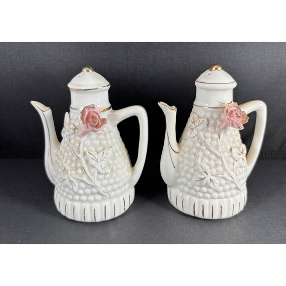Unbranded Other - Vintage Teapot Salt and Pepper Shakers White Gold W/ Pink Flower Japan